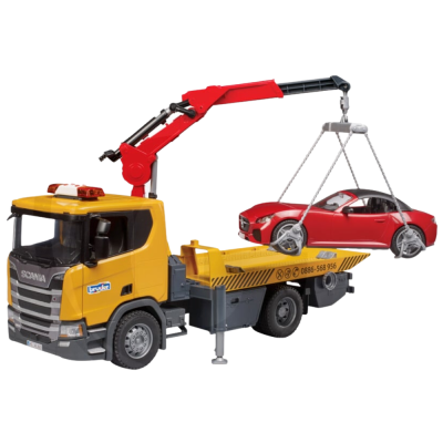 Zabawkowa laweta Scania Super 560R z samochodem - Bruder 3552