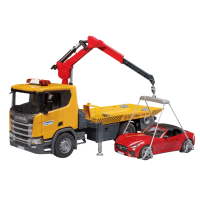 Zabawkowa laweta Scania Super 560R z samochodem - Bruder 3552