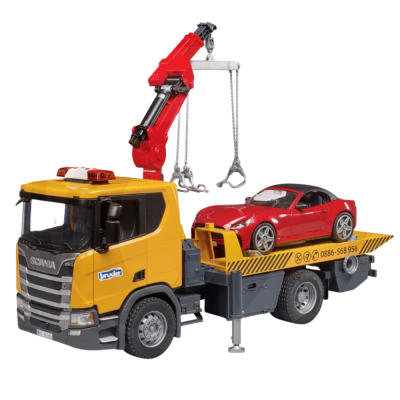 Zabawkowa laweta Scania Super 560R z samochodem - Bruder 3552