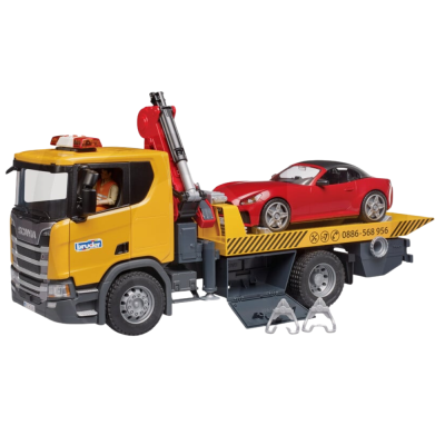 Zabawkowa laweta Scania Super 560R z samochodem - Bruder 3552