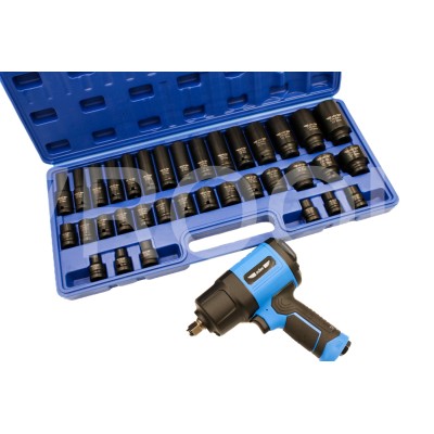 Zestaw: klucz udarowy 1/2" 1650 Nm + nasadki udarowe Cr-Mo 1/2" 35szt