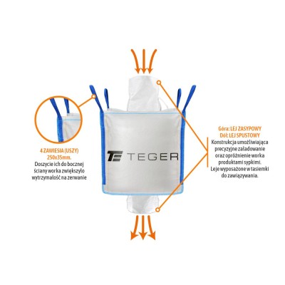 Worek BIG BAG 500kg. 90 x 90 x 90. 4 uchwyty. Lej zasypowy / Lej spustowy. Tasiemka /TEGER