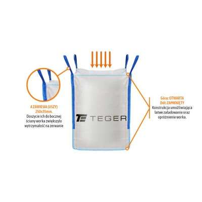 Worek BIG BAG 1000kg. 90 x 90 x 120. 4 uchwyty. Góra otwarta/ Dół zamknięty /TEGER