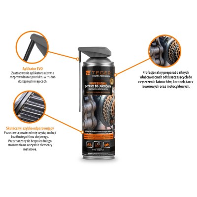 Zmywacz do łańcuchów rowerowych i motocyklowych PROFESSIONAL z aplikatorem EVO, 500ml, Teger