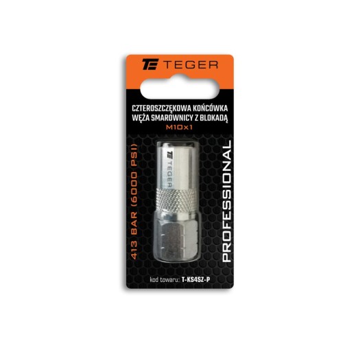 Czteroszczękowa końcówka węża smarownicy z blokadą M10x1. 413 BAR (6000 PSI) Professional TEGER
